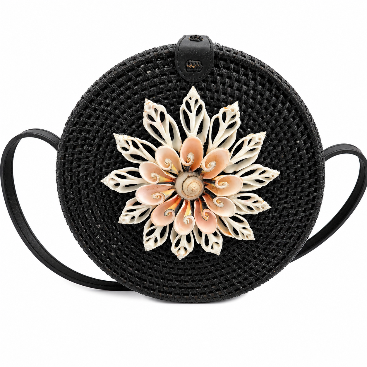 Handgemachte Ata-Gras-Tasche – Schwarze Bali Boho Muschel Umhängetasche
