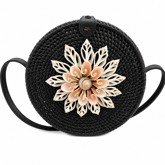 Handmade Ata Grass Bag – Black Bali Boho Shell Crossbody Bag
