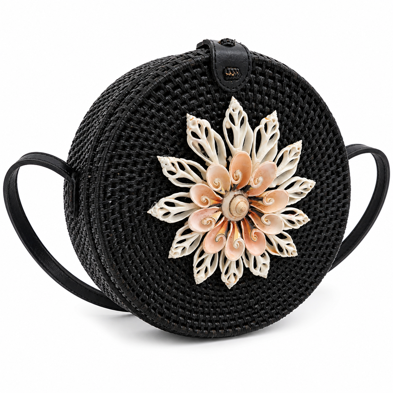 Handgemachte Ata-Gras-Tasche – Schwarze Bali Boho Muschel Umhängetasche