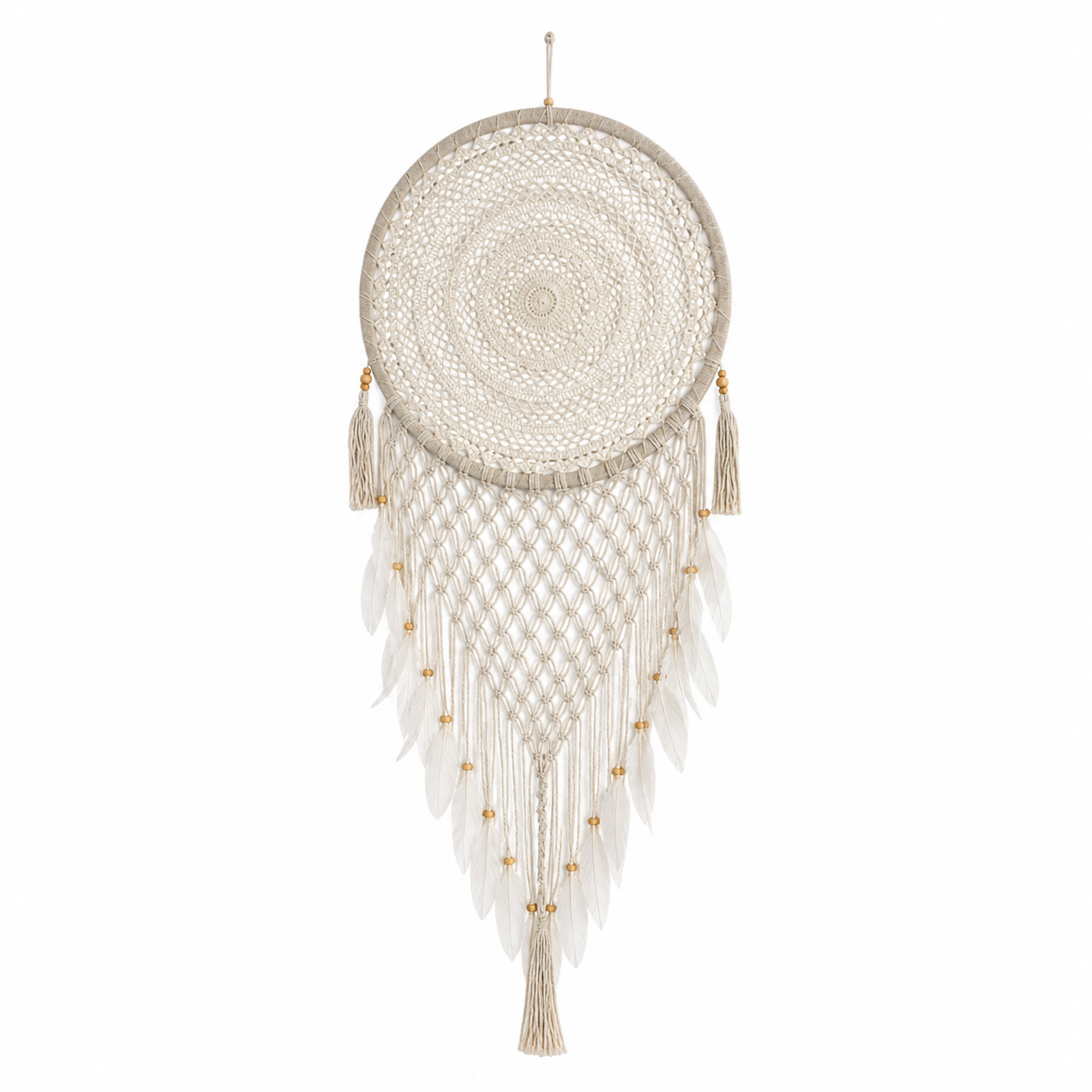 Großer Boho Makramee Traumfänger – Handgemachter Wandbehang mit Federn