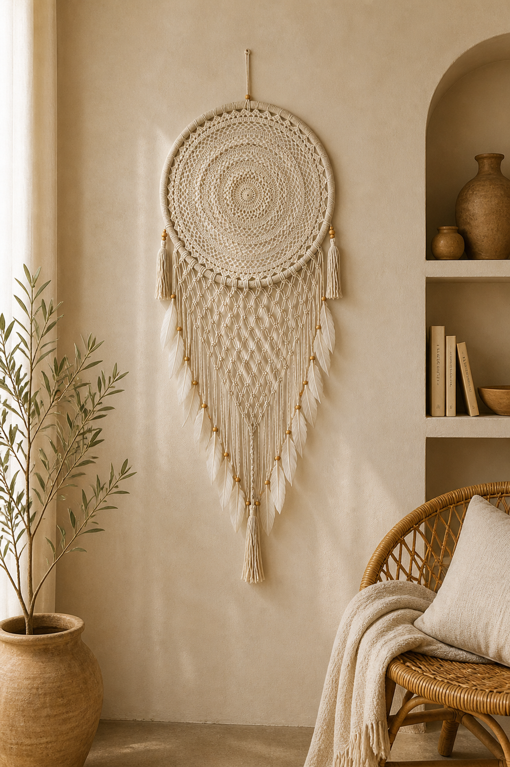 Großer Boho Makramee Traumfänger – Handgemachter Wandbehang mit Federn